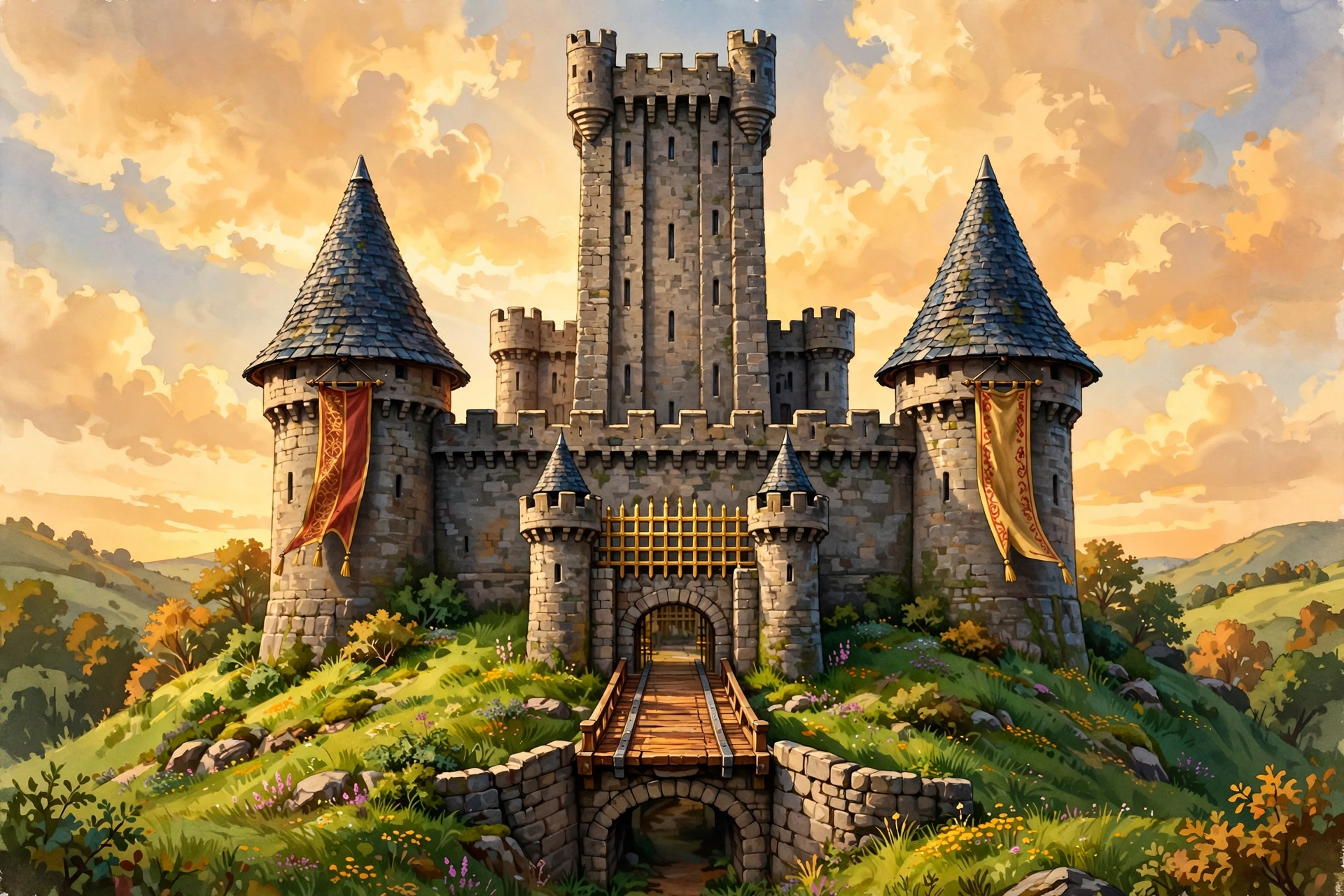 A grand medieval stone castle with round towers, banners, and a drawbridge, on a green hill at dusk
